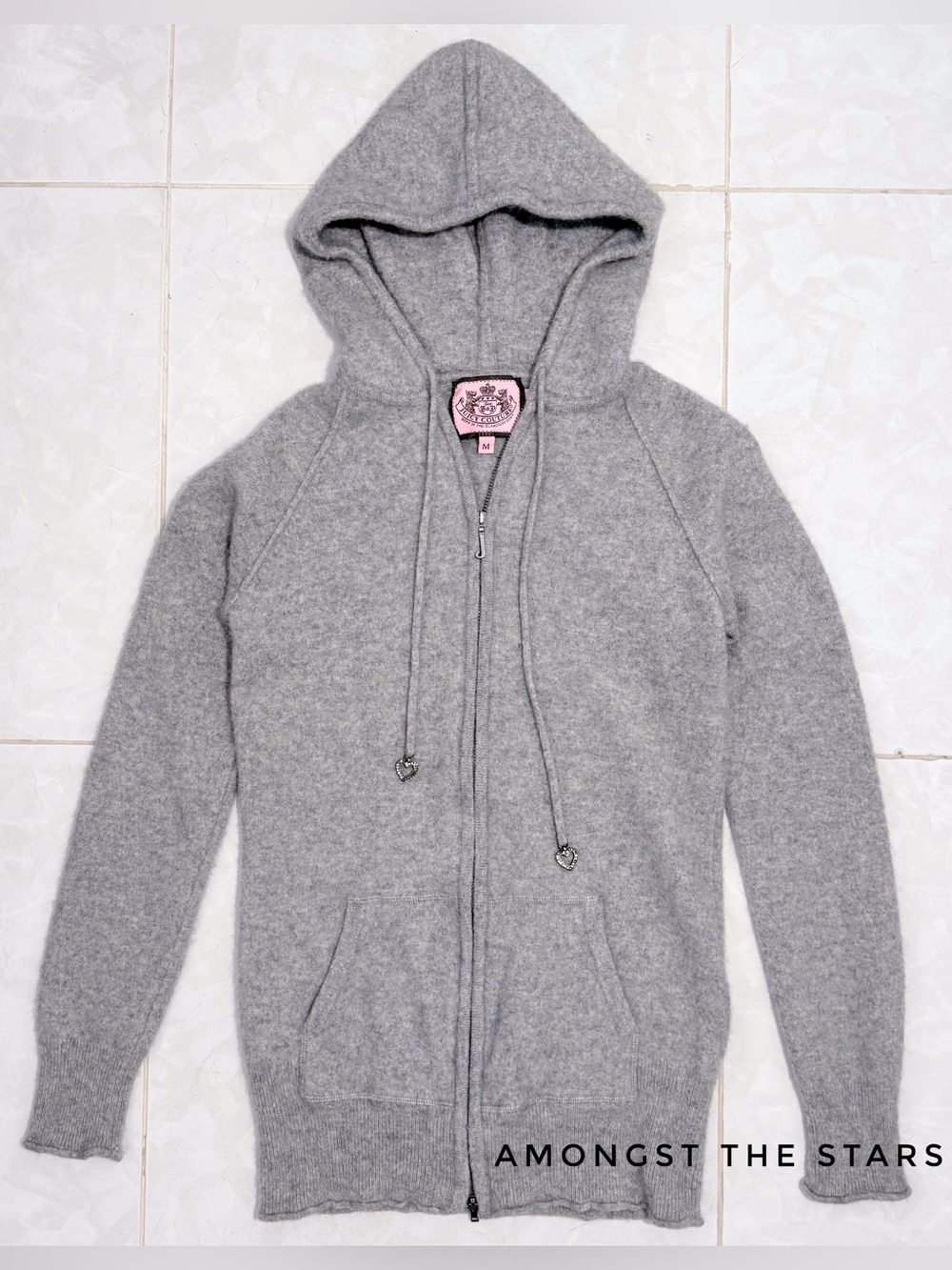Juicy Couture Vintage Y2K Grey Cashmere Swarovski Hearts Full Zip Hoodie